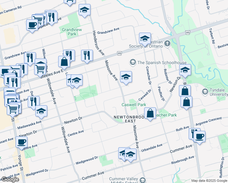 map of restaurants, bars, coffee shops, grocery stores, and more near 249 Otonabee Avenue in Toronto