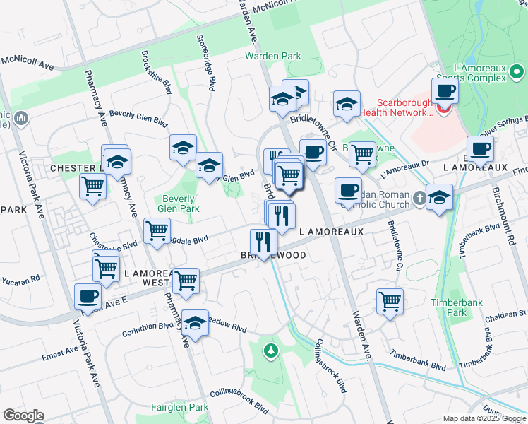 map of restaurants, bars, coffee shops, grocery stores, and more near 3151 Bridletowne Circle in Toronto