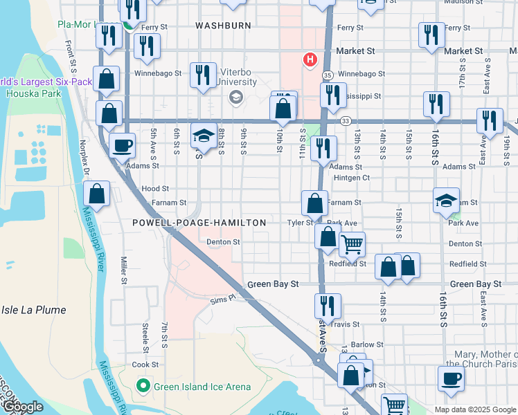map of restaurants, bars, coffee shops, grocery stores, and more near 924 Farnam Street in La Crosse