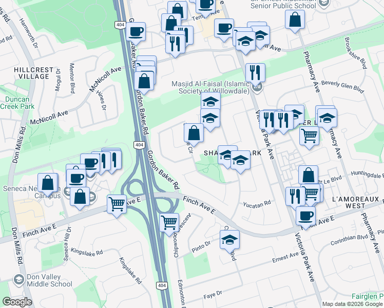 map of restaurants, bars, coffee shops, grocery stores, and more near Shawnee Circle in Toronto