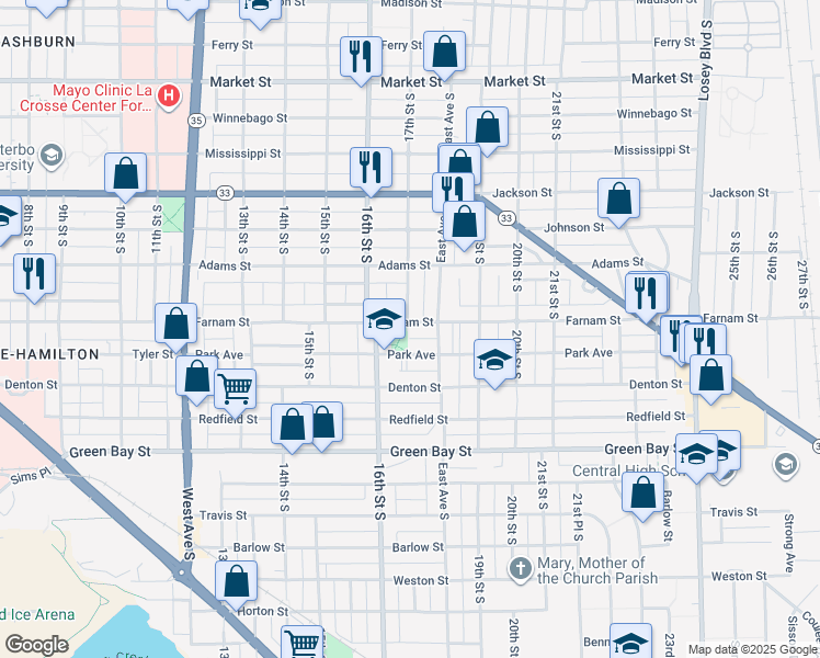 map of restaurants, bars, coffee shops, grocery stores, and more near 1630 Farnam Street in La Crosse