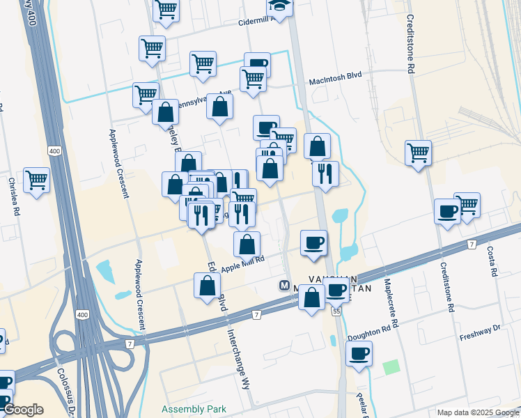map of restaurants, bars, coffee shops, grocery stores, and more near in Vaughan