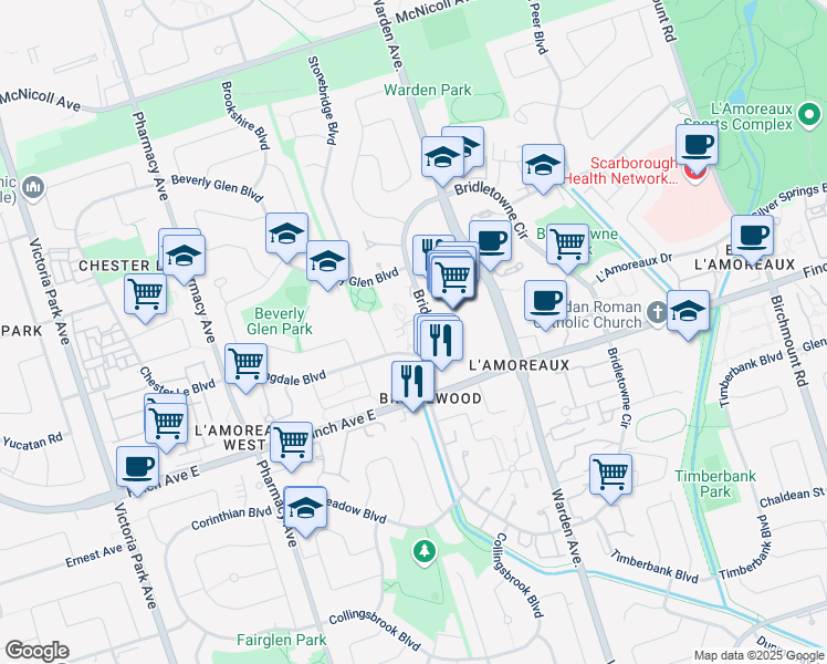 map of restaurants, bars, coffee shops, grocery stores, and more near 3151 Bridletowne Circle in Toronto