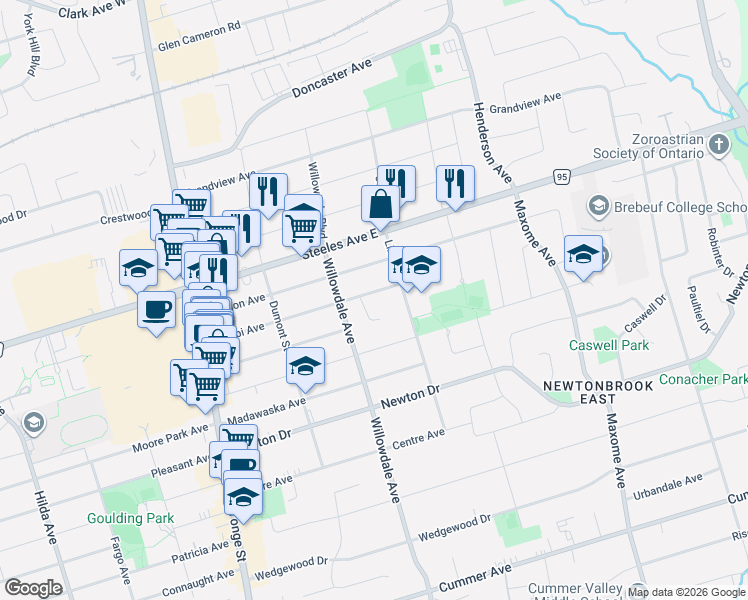 map of restaurants, bars, coffee shops, grocery stores, and more near 99 Abitibi Avenue in Toronto