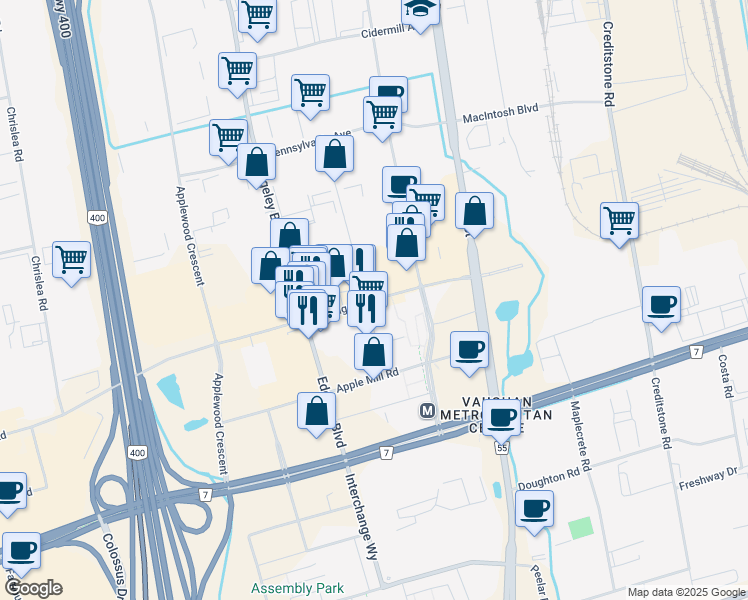 map of restaurants, bars, coffee shops, grocery stores, and more near 905 Portage Parkway in Vaughan