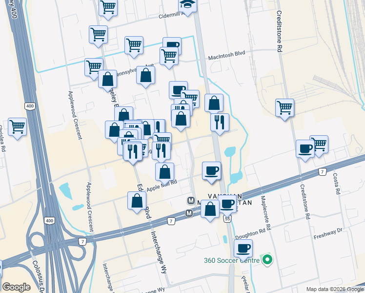 map of restaurants, bars, coffee shops, grocery stores, and more near 950 Portage Parkway in Vaughan