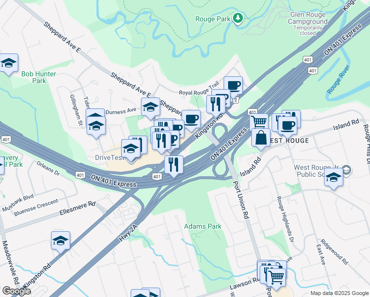 map of restaurants, bars, coffee shops, grocery stores, and more near in Toronto