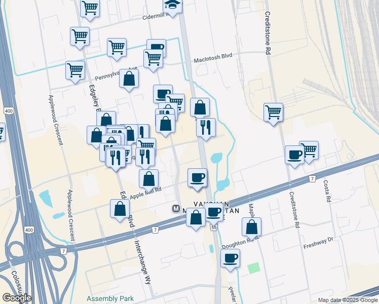 map of restaurants, bars, coffee shops, grocery stores, and more near 7890 Jane Street in Vaughan
