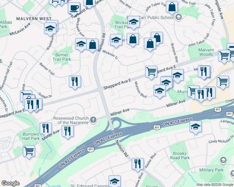 map of restaurants, bars, coffee shops, grocery stores, and more near 8 Coltman Crescent in Toronto