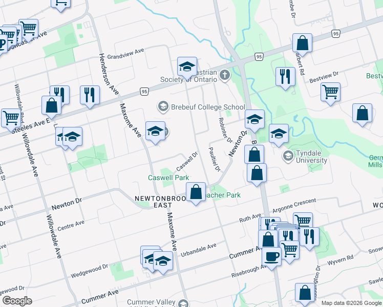 map of restaurants, bars, coffee shops, grocery stores, and more near 38 Caswell Drive in Toronto