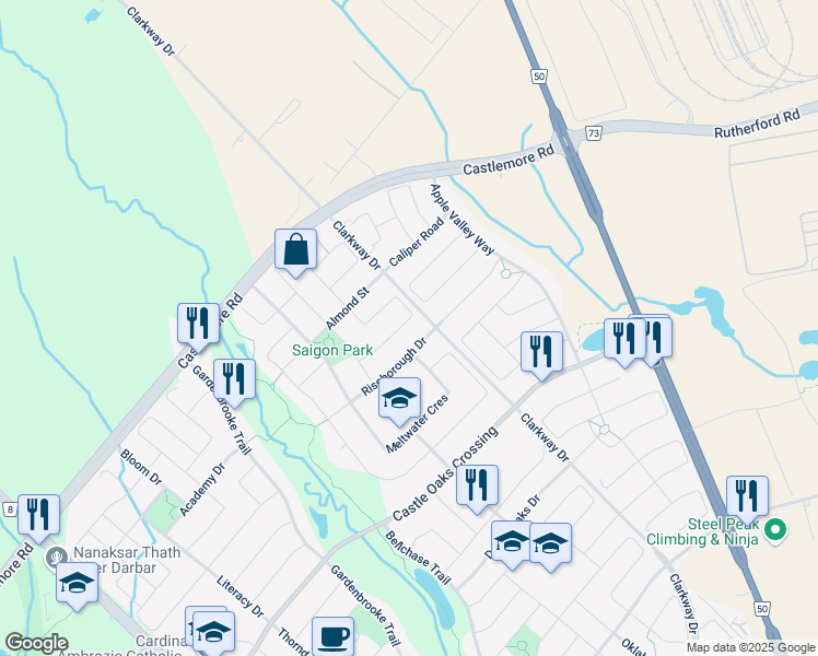 map of restaurants, bars, coffee shops, grocery stores, and more near 18 Riseborough Drive in Brampton