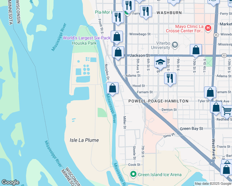 map of restaurants, bars, coffee shops, grocery stores, and more near 307 Kertzman Place in La Crosse