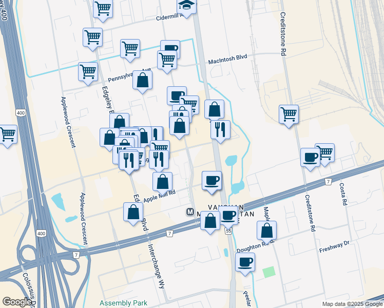 map of restaurants, bars, coffee shops, grocery stores, and more near 1000 Portage Parkway in Vaughan