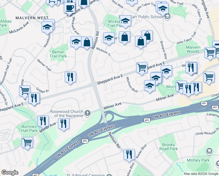 map of restaurants, bars, coffee shops, grocery stores, and more near 8 Coltman Crescent in Toronto