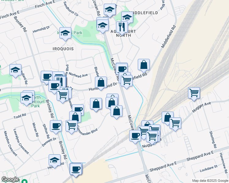 map of restaurants, bars, coffee shops, grocery stores, and more near 1401 Huntingwood Drive in Toronto