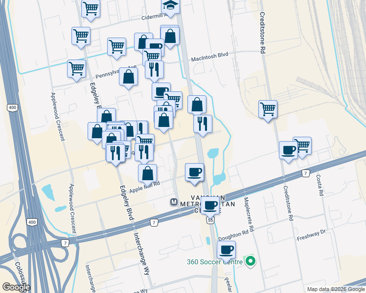 map of restaurants, bars, coffee shops, grocery stores, and more near 1000 Portage Parkway in Vaughan