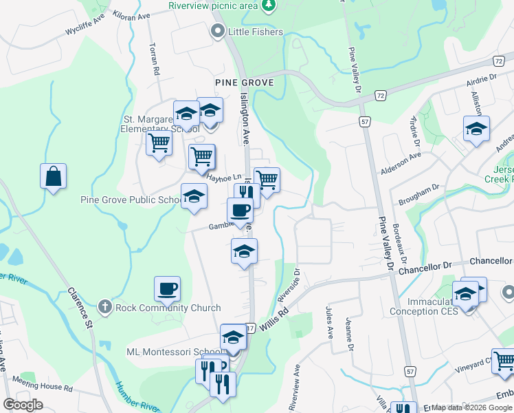 map of restaurants, bars, coffee shops, grocery stores, and more near 8403 Islington Avenue in Vaughan