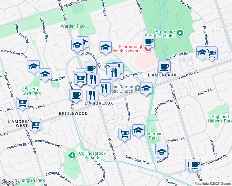 map of restaurants, bars, coffee shops, grocery stores, and more near 2050 Bridletowne Circle in Toronto