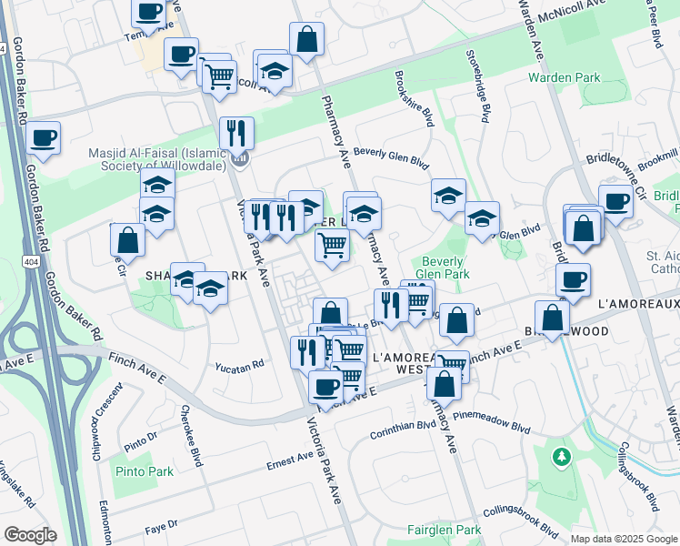 map of restaurants, bars, coffee shops, grocery stores, and more near Pettibone Square in Toronto