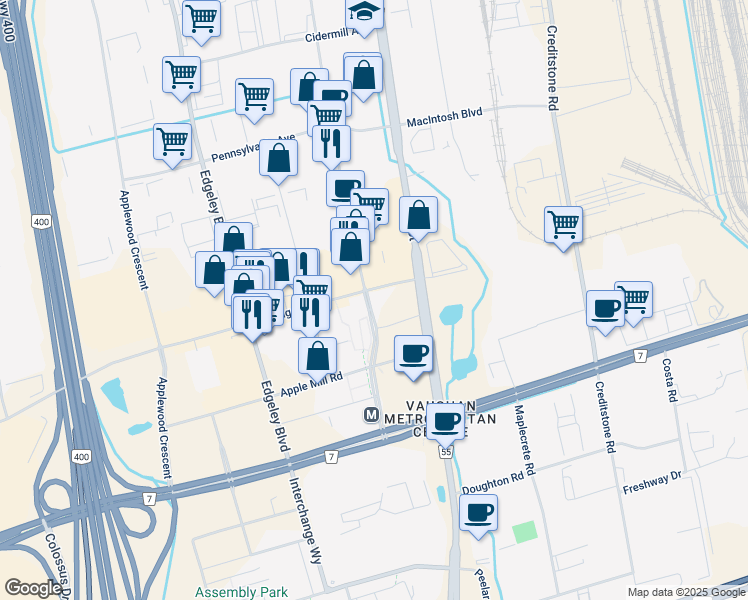 map of restaurants, bars, coffee shops, grocery stores, and more near 175 Millway Avenue in Vaughan