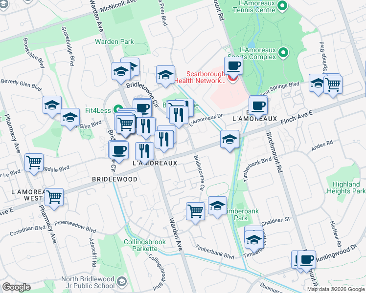 map of restaurants, bars, coffee shops, grocery stores, and more near 100 Echo Point in Toronto