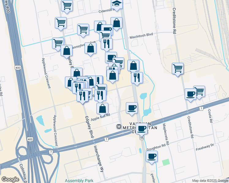 map of restaurants, bars, coffee shops, grocery stores, and more near in Vaughan