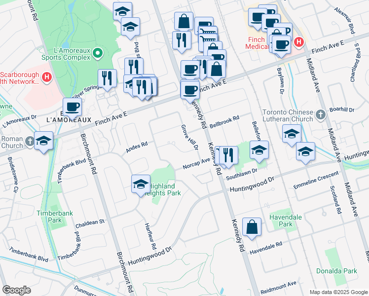 map of restaurants, bars, coffee shops, grocery stores, and more near 24 Clydebank Boulevard in Toronto