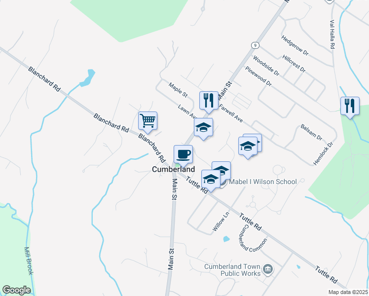map of restaurants, bars, coffee shops, grocery stores, and more near 303 Main Street in Cumberland