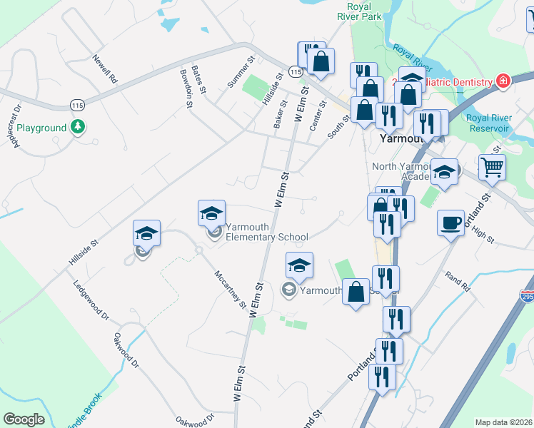 map of restaurants, bars, coffee shops, grocery stores, and more near 151 West Elm Street in Yarmouth