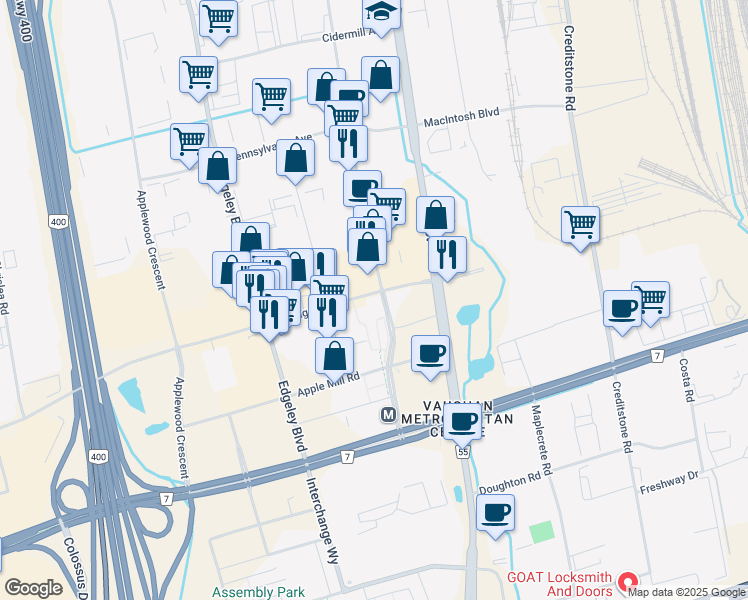 map of restaurants, bars, coffee shops, grocery stores, and more near 212 Millway Avenue in Vaughan