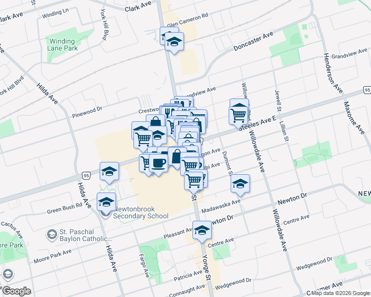 map of restaurants, bars, coffee shops, grocery stores, and more near 9988 Yonge Street in Toronto