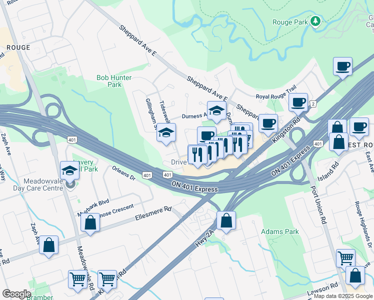 map of restaurants, bars, coffee shops, grocery stores, and more near in Toronto
