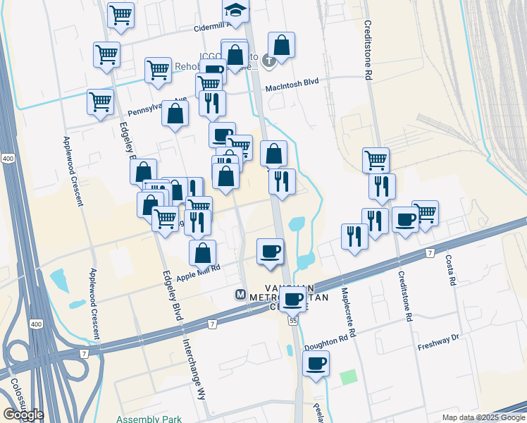 map of restaurants, bars, coffee shops, grocery stores, and more near in Vaughan