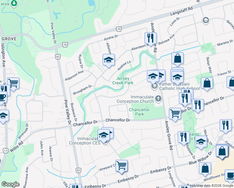 map of restaurants, bars, coffee shops, grocery stores, and more near 72 Ashcroft Court in Vaughan