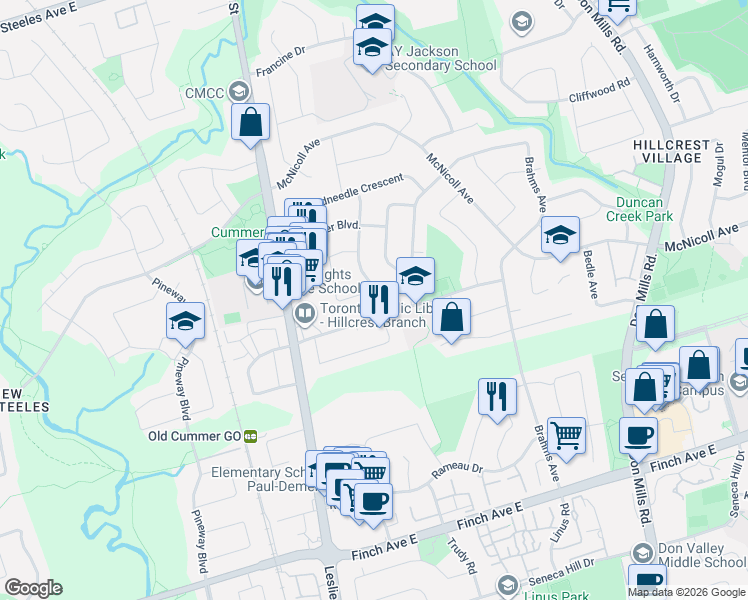 map of restaurants, bars, coffee shops, grocery stores, and more near 62 Cresthaven Drive in Toronto