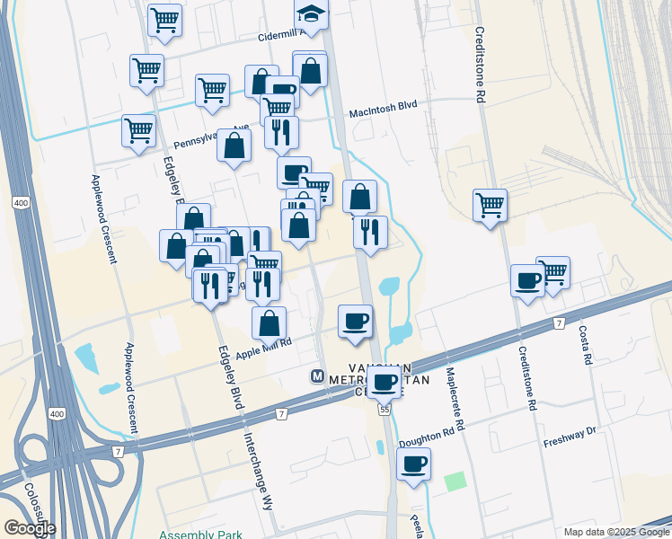 map of restaurants, bars, coffee shops, grocery stores, and more near 1000 Portage Parkway in Vaughan