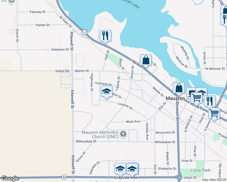 map of restaurants, bars, coffee shops, grocery stores, and more near 631 Tremont Street in Mauston
