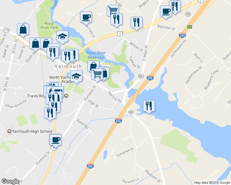 map of restaurants, bars, coffee shops, grocery stores, and more near 40 Main Street in Yarmouth