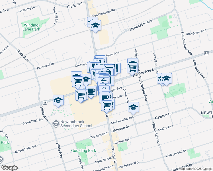 map of restaurants, bars, coffee shops, grocery stores, and more near 7 Steeles Avenue East in Toronto