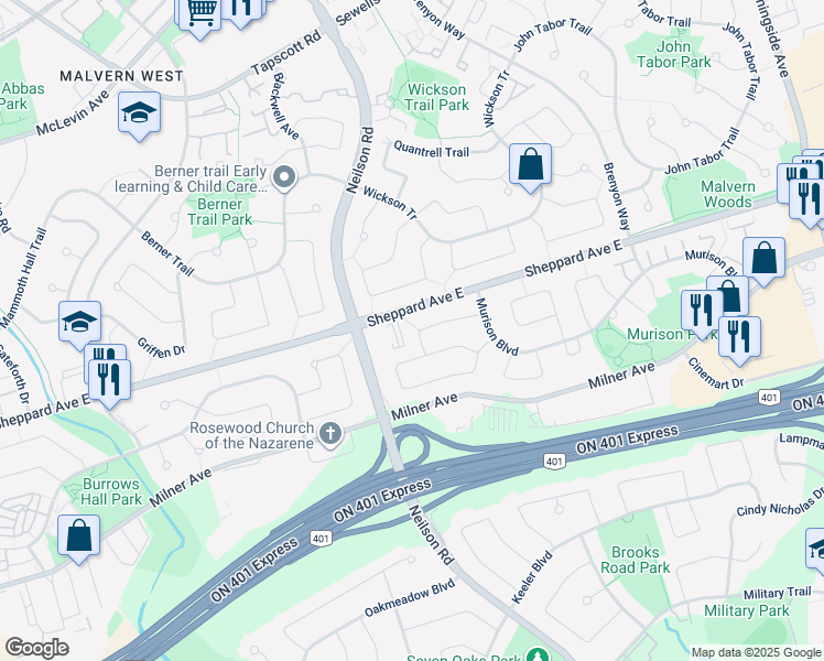 map of restaurants, bars, coffee shops, grocery stores, and more near in Toronto