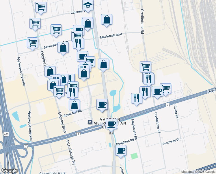 map of restaurants, bars, coffee shops, grocery stores, and more near in Vaughan