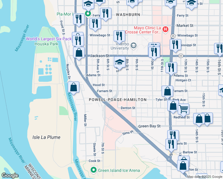 map of restaurants, bars, coffee shops, grocery stores, and more near 620 Hood Street in La Crosse