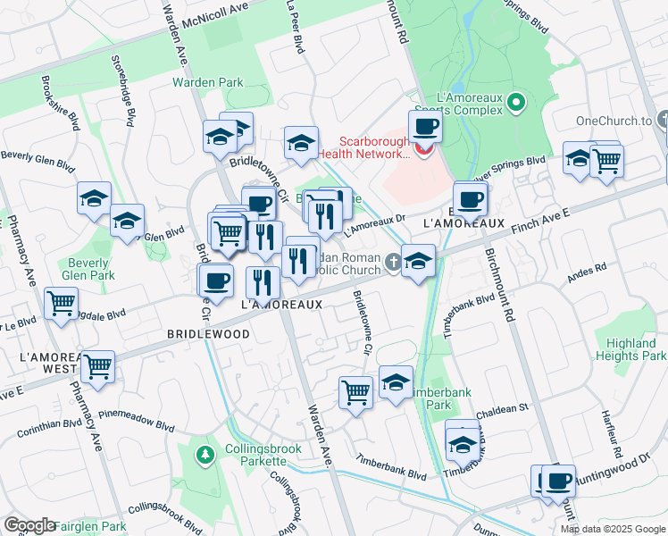map of restaurants, bars, coffee shops, grocery stores, and more near in Toronto
