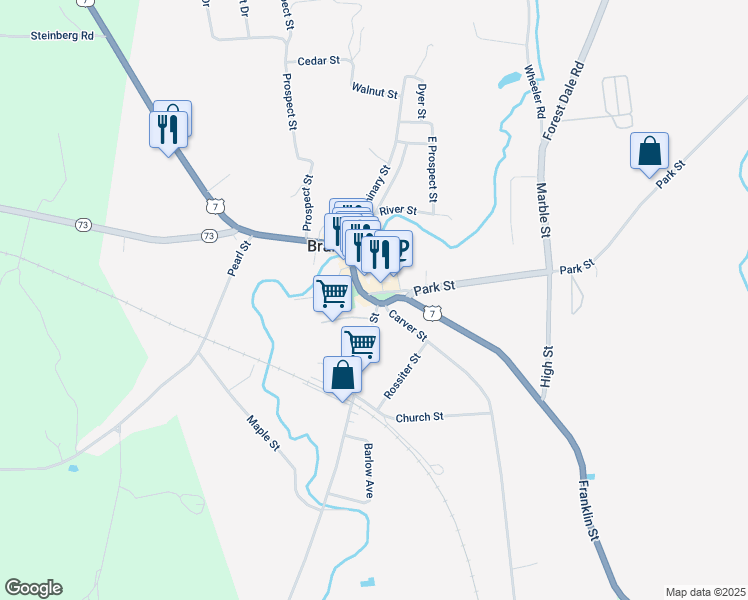 map of restaurants, bars, coffee shops, grocery stores, and more near U.S. 7 in Brandon