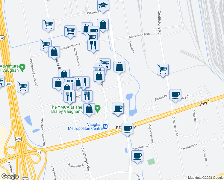 map of restaurants, bars, coffee shops, grocery stores, and more near 1000 Portage Parkway in Vaughan
