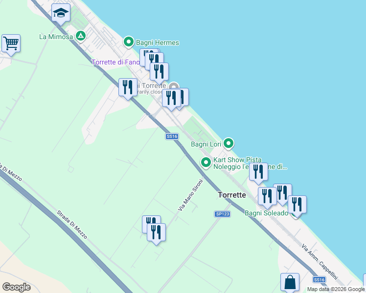 map of restaurants, bars, coffee shops, grocery stores, and more near 301 Strada Nazionale Adriatica Sud in Marotta