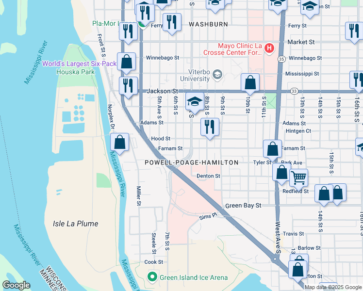 map of restaurants, bars, coffee shops, grocery stores, and more near 620 Hood Street in La Crosse