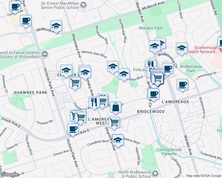 map of restaurants, bars, coffee shops, grocery stores, and more near 75 Beverly Glen Boulevard in Toronto