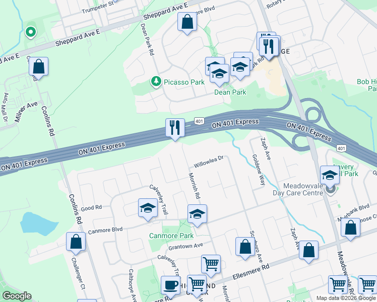 map of restaurants, bars, coffee shops, grocery stores, and more near in Toronto