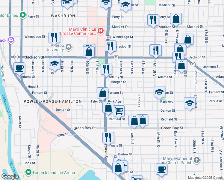 map of restaurants, bars, coffee shops, grocery stores, and more near 1205 Hintgen Court in La Crosse